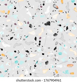 Terrazzo Texture Vector. Flooring Seamless Pattern. Floor Granite Textured. Stone, Rock, Marble Textile Background. Natural Pavement, Mosaic Template. Quartz, Pebble Tile. Design Interior Decor.