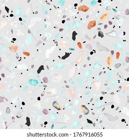 Terrazzo Texture Vector. Flooring Seamless Pattern. Floor Granite Textured. Stone, Rock, Marble Textile Background. Natural Pavement, Mosaic Template. Quartz, Pebble Tile. Design Interior Decor.