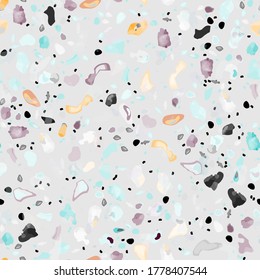 Terrazzo Texture Vector. Flooring Seamless Pattern. Floor Granite Textured. Stone, Rock, Marble Textile Background. Natural Pavement, Mosaic Template. Quartz, Pebble Tile. Design Interior Decor.