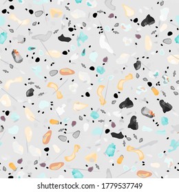 Terrazzo Texture Vector. Flooring Seamless Pattern. Floor Granite Textured. Stone, Rock, Marble Textile Background. Natural Pavement, Mosaic Template. Quartz, Pebble Tile. Design Interior Decor.