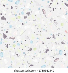 Terrazzo Texture Vector. Flooring Seamless Pattern. Floor Granite Textured. Stone, Rock, Marble Textile Background. Natural Pavement, Mosaic Template. Quartz, Pebble Tile. Design Interior Decor.