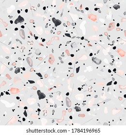 Terrazzo Texture Vector. Flooring Seamless Pattern. Floor Granite Textured. Stone, Rock, Marble Textile Background. Natural Pavement, Mosaic Template. Quartz, Pebble Tile. Design Interior Decor.