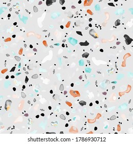 Terrazzo Texture Vector. Flooring Seamless Pattern. Floor Granite Textured. Stone, Rock, Marble Textile Background. Natural Pavement, Mosaic Template. Quartz, Pebble Tile. Design Interior Decor.