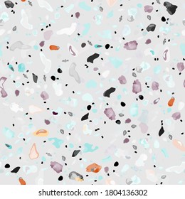 Terrazzo Texture Vector. Flooring Seamless Pattern. Floor Granite Textured. Stone, Rock, Marble Textile Background. Natural Pavement, Mosaic Template. Quartz, Pebble Tile. Design Interior Decor.