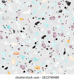 Terrazzo Texture Vector. Flooring Seamless Pattern. Floor Granite Textured. Stone, Rock, Marble Textile Background. Natural Pavement, Mosaic Template. Quartz, Pebble Tile. Design Interior Decor.