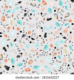 Terrazzo Texture Vector. Flooring Seamless Pattern. Floor Granite Textured. Stone, Rock, Marble Textile Background. Natural Pavement, Mosaic Template. Quartz, Pebble Tile. Design Interior Decor.
