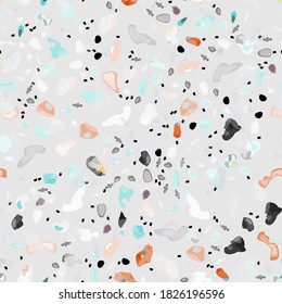 Terrazzo Texture Vector. Flooring Seamless Pattern. Floor Granite Textured. Stone, Rock, Marble Textile Background. Natural Pavement, Mosaic Template. Quartz, Pebble Tile. Design Interior Decor.
