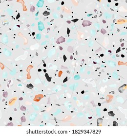 Terrazzo Texture Vector. Flooring Seamless Pattern. Floor Granite Textured. Stone, Rock, Marble Textile Background. Natural Pavement, Mosaic Template. Quartz, Pebble Tile. Design Interior Decor.