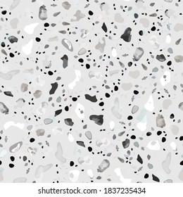 Terrazzo Texture Vector. Flooring Seamless Pattern. Floor Granite Textured. Stone, Rock, Marble Textile Background. Natural Pavement, Mosaic Template. Quartz, Pebble Tile. Design Interior Decor.