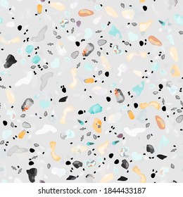 Terrazzo Texture Vector. Flooring Seamless Pattern. Floor Granite Textured. Stone, Rock, Marble Textile Background. Natural Pavement, Mosaic Template. Quartz, Pebble Tile. Design Interior Decor.