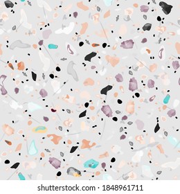 Vector de textura Terrazzo. Patrón sin soldadura en el suelo. Granito de piso texturado. Piedra, Roca, Fondo Textil de Mármol. Pavimento Natural, Plantilla Mosaica. Cuartz, Pebble Tile. Decoración interior de diseño.