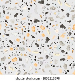 Terrazzo Texture Vector. Flooring Seamless Pattern. Floor Granite Textured. Stone, Rock, Marble Textile Background. Natural Pavement, Mosaic Template. Quartz, Pebble Tile. Design Interior Decor.