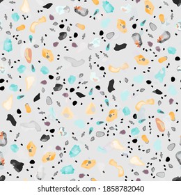 Terrazzo Texture Vector. Flooring Seamless Pattern. Floor Granite Textured. Stone, Rock, Marble Textile Background. Natural Pavement, Mosaic Template. Quartz, Pebble Tile. Design Interior Decor.