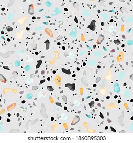 Terrazzo Texture Vector. Flooring Seamless Pattern. Floor Granite Textured. Stone, Rock, Marble Textile Background. Natural Pavement, Mosaic Template. Quartz, Pebble Tile. Design Interior Decor.