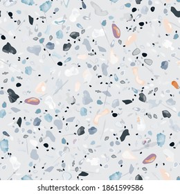 Terrazzo Texture Vector. Flooring Seamless Pattern. Floor Granite Textured. Stone, Rock, Marble Textile Background. Natural Pavement, Mosaic Template. Quartz, Pebble Tile. Design Interior Decor.