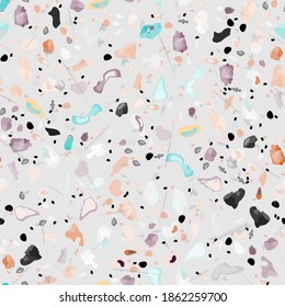 Terrazzo Texture Vector. Flooring Seamless Pattern. Floor Granite Textured. Stone, Rock, Marble Textile Background. Natural Pavement, Mosaic Template. Quartz, Pebble Tile. Design Interior Decor.