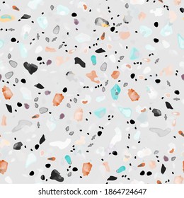 Terrazzo Texture Vector. Flooring Seamless Pattern. Floor Granite Textured. Stone, Rock, Marble Textile Background. Natural Pavement, Mosaic Template. Quartz, Pebble Tile. Design Interior Decor.