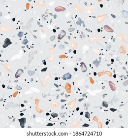 Terrazzo Texture Vector. Flooring Seamless Pattern. Floor Granite Textured. Stone, Rock, Marble Textile Background. Natural Pavement, Mosaic Template. Quartz, Pebble Tile. Design Interior Decor.