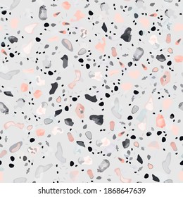 Terrazzo Texture Vector. Flooring Seamless Pattern. Floor Granite Textured. Stone, Rock, Marble Textile Background. Natural Pavement, Mosaic Template. Quartz, Pebble Tile. Design Interior Decor.