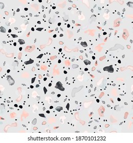 Terrazzo Texture Vector. Flooring Seamless Pattern. Floor Granite Textured. Stone, Rock, Marble Textile Background. Natural Pavement, Mosaic Template. Quartz, Pebble Tile. Design Interior Decor.