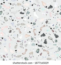 Terrazzo Texture Vector. Flooring Seamless Pattern. Floor Granite Textured. Stone, Rock, Marble Textile Background. Natural Pavement, Mosaic Template. Quartz, Pebble Tile. Design Interior Decor.