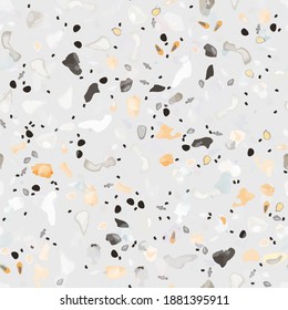 Terrazzo Texture Vector. Flooring Seamless Pattern. Floor Granite Textured. Stone, Rock, Marble Textile Background. Natural Pavement, Mosaic Template. Quartz, Pebble Tile. Design Interior Decor.
