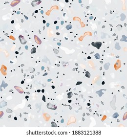 Terrazzo Texture Vector. Flooring Seamless Pattern. Floor Granite Textured. Stone, Rock, Marble Textile Background. Natural Pavement, Mosaic Template. Quartz, Pebble Tile. Design Interior Decor.