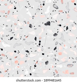 Terrazzo Texture Vector. Flooring Seamless Pattern. Floor Granite Textured. Stone, Rock, Marble Textile Background. Natural Pavement, Mosaic Template. Quartz, Pebble Tile. Design Interior Decor.