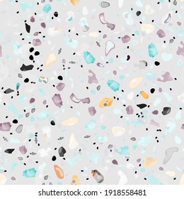 Terrazzo Texture Vector. Flooring Seamless Pattern. Floor Granite Textured. Stone, Rock, Marble Textile Background. Natural Pavement, Mosaic Template. Quartz, Pebble Tile. Design Interior Decor.
