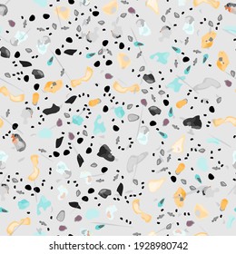 Terrazzo Texture Vector. Flooring Seamless Pattern. Floor Granite Textured. Stone, Rock, Marble Textile Background. Natural Pavement, Mosaic Template. Quartz, Pebble Tile. Design Interior Decor.