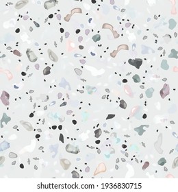 Terrazzo Texture Vector. Flooring Seamless Pattern. Floor Granite Textured. Stone, Rock, Marble Textile Background. Natural Pavement, Mosaic Template. Quartz, Pebble Tile. Design Interior Decor.