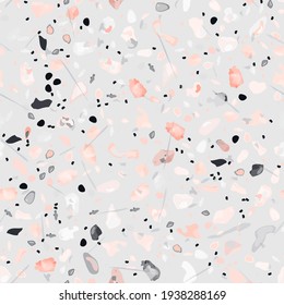 Terrazzo Texture Vector. Flooring Seamless Pattern. Floor Granite Textured. Stone, Rock, Marble Textile Background. Natural Pavement, Mosaic Template. Quartz, Pebble Tile. Design Interior Decor.