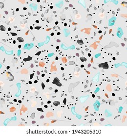 Terrazzo Texture Vector. Flooring Seamless Pattern. Floor Granite Textured. Stone, Rock, Marble Textile Background. Natural Pavement, Mosaic Template. Quartz, Pebble Tile. Design Interior Decor.