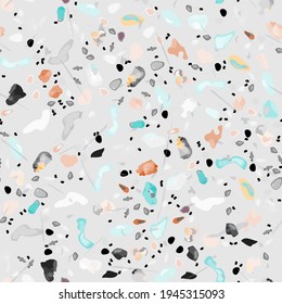 Terrazzo Texture Vector. Flooring Seamless Pattern. Floor Granite Textured. Stone, Rock, Marble Textile Background. Natural Pavement, Mosaic Template. Quartz, Pebble Tile. Design Interior Decor.