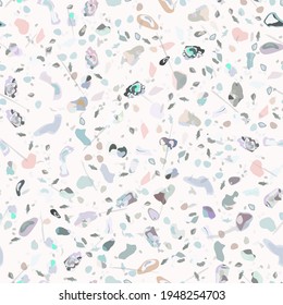 Terrazzo Texture Vector. Flooring Seamless Pattern. Floor Granite Textured. Stone, Rock, Marble Textile Background. Natural Pavement, Mosaic Template. Quartz, Pebble Tile. Design Interior Decor.