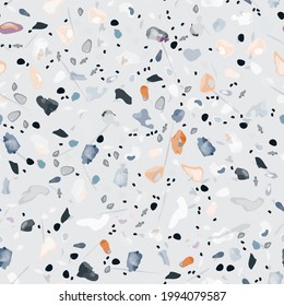 Terrazzo Texture Vector. Flooring Seamless Pattern. Floor Granite Textured. Stone, Rock, Marble Textile Background. Natural Pavement, Mosaic Template. Quartz, Pebble Tile. Design Interior Decor.