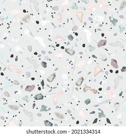 Terrazzo Texture Vector. Flooring Seamless Pattern. Floor Granite Textured. Stone, Rock, Marble Textile Background. Natural Pavement, Mosaic Template. Quartz, Pebble Tile. Design Interior Decor.