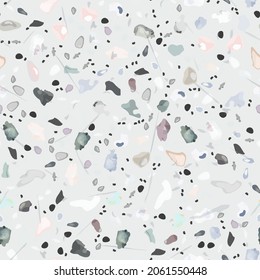 Terrazzo Texture Vector. Flooring Seamless Pattern. Floor Granite Textured. Stone, Rock, Marble Textile Background. Natural Pavement, Mosaic Template. Quartz, Pebble Tile. Design Interior Decor.