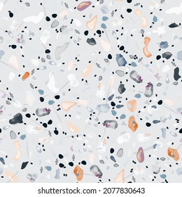 Terrazzo Texture Vector. Flooring Seamless Pattern. Floor Granite Textured. Stone, Rock, Marble Textile Background. Natural Pavement, Mosaic Template. Quartz, Pebble Tile. Design Interior Decor.