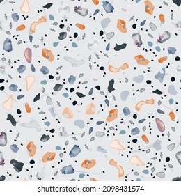 Terrazzo Texture Vector. Flooring Seamless Pattern. Floor Granite Textured. Stone, Rock, Marble Textile Background. Natural Pavement, Mosaic Template. Quartz, Pebble Tile. Design Interior Decor.