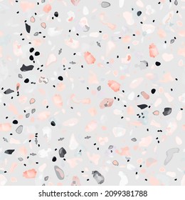 Terrazzo Texture Vector. Flooring Seamless Pattern. Floor Granite Textured. Stone, Rock, Marble Textile Background. Natural Pavement, Mosaic Template. Quartz, Pebble Tile. Design Interior Decor.
