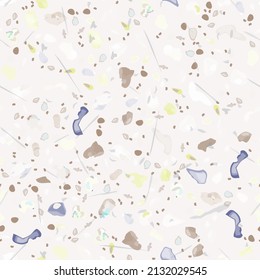 Terrazzo Texture Vector. Flooring Seamless Pattern. Floor Granite Textured. Stone, Rock, Marble Textile Background. Natural Pavement, Mosaic Template. Quartz, Pebble Tile. Design Interior Decor.