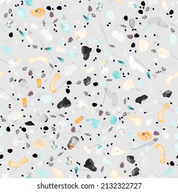 Terrazzo Texture Vector. Flooring Seamless Pattern. Floor Granite Textured. Stone, Rock, Marble Textile Background. Natural Pavement, Mosaic Template. Quartz, Pebble Tile. Design Interior Decor.