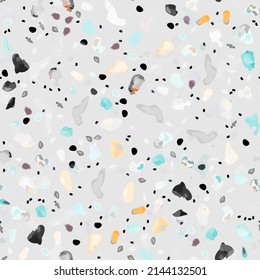 Terrazzo Texture Vector. Flooring Seamless Pattern. Floor Granite Textured. Stone, Rock, Marble Textile Background. Natural Pavement, Mosaic Template. Quartz, Pebble Tile. Design Interior Decor.