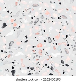 Terrazzo Texture Vector. Flooring Seamless Pattern. Floor Granite Textured. Stone, Rock, Marble Textile Background. Natural Pavement, Mosaic Template. Quartz, Pebble Tile. Design Interior Decor.