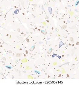 Terrazzo Texture Vector. Flooring Seamless Pattern. Floor Granite Textured. Stone, Rock, Marble Textile Background. Natural Pavement, Mosaic Template. Quartz, Pebble Tile. Design Interior Decor.