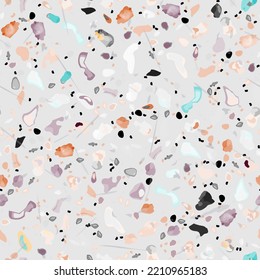 Terrazzo Texture Vector. Flooring Seamless Pattern. Floor Granite Textured. Stone, Rock, Marble Textile Background. Natural Pavement, Mosaic Template. Quartz, Pebble Tile. Design Interior Decor.