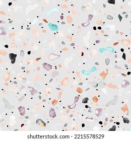 Terrazzo Texture Vector. Flooring Seamless Pattern. Floor Granite Textured. Stone, Rock, Marble Textile Background. Natural Pavement, Mosaic Template. Quartz, Pebble Tile. Design Interior Decor.