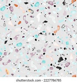 Terrazzo Texture Vector. Flooring Seamless Pattern. Floor Granite Textured. Stone, Rock, Marble Textile Background. Natural Pavement, Mosaic Template. Quartz, Pebble Tile. Design Interior Decor.