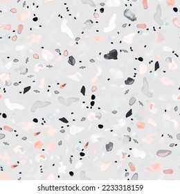 Terrazzo Texture Vector. Flooring Seamless Pattern. Floor Granite Textured. Stone, Rock, Marble Textile Background. Natural Pavement, Mosaic Template. Quartz, Pebble Tile. Design Interior Decor.